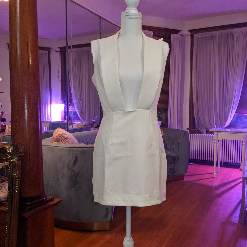 White deep plunge tuxedo mini dress